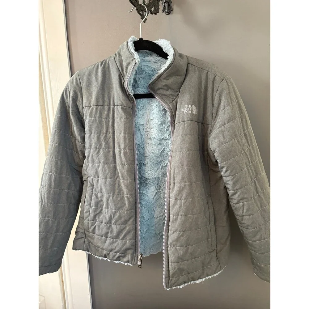 North face mossbud swirl girls large 14/16 gray blue reversible jacket coat